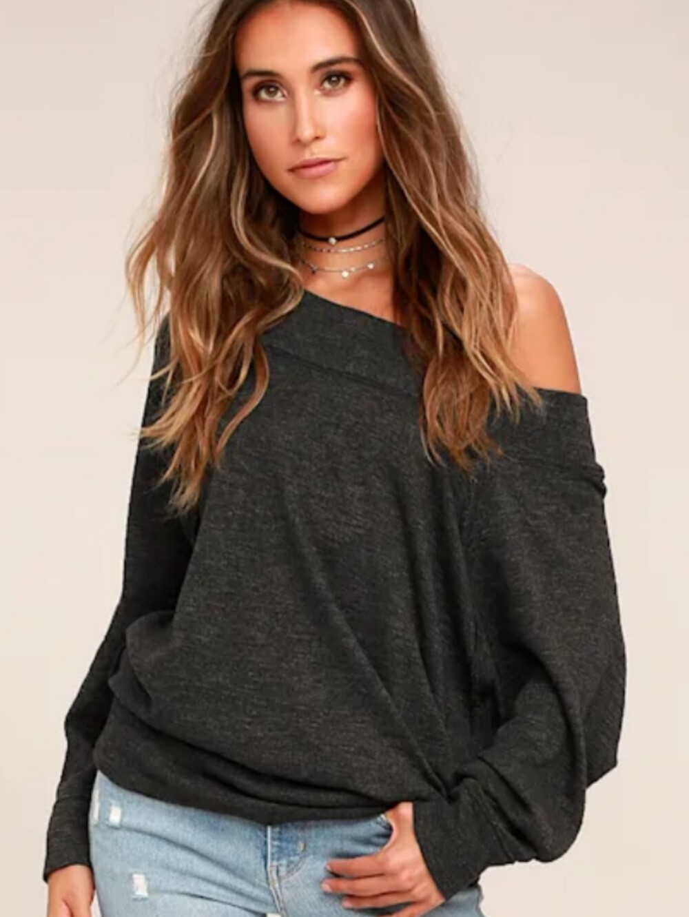 Free People We The Free Dark Gray Off-The-Shoulder Long Sleeve Top Sz M